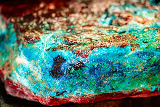 Arizona Copper Mineral Specimen featuring chrysocolla, malachite, shattuckite, azurite, cuprite, tenorite and miner tool props.