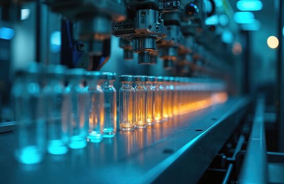 Automated line inspects glass vials for medical use in a factory. Machines check quality of drug containers on production conveyor belt. Pharma manufacturing technology and science.