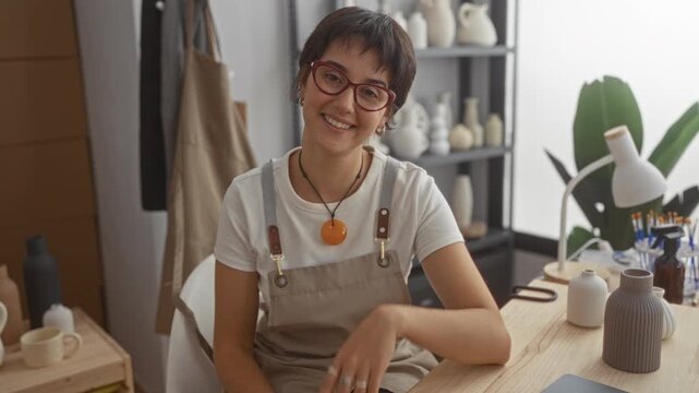 Young woman wearing apron rests chin on hand while smiling beside ceramic vases on wooden table in studio; serene creativity.