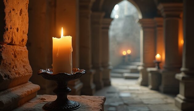 Burning candle on stand in old stone room. Dim light on pillars and walls. Warm glow in dark ancient chamber. Mystical atmosphere, historical place.