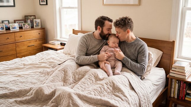 Two men lying in bed with a baby. Happy gay couple with infant at home. Family life and parenting moment at Valentine's Day.