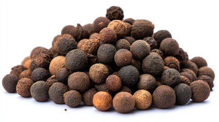 Small mound of whole pimento berries showing brown, black, and tan hues on white