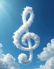 Naklejka premium Treble clef made of white clouds floating in bright blue sky. Musical symbol formed by fluffy clouds against clear sky. Heavenly music notation.