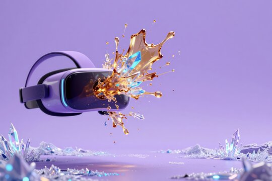 Lilac porcelain VR headset releasing a frozen explosion of amber glass and neon-blue crystals over holographic frost. Concept of immersive digital reality and the visual power of technology.