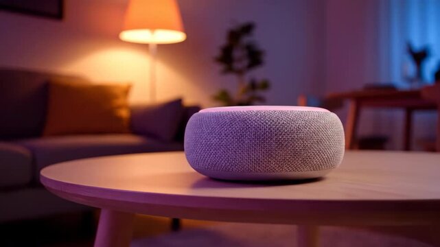 Smart speaker with decorative pattern emitting colored light on a wooden coffee table in a dimly lit room.