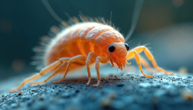 Close-up microscopic view of an orange scabies mite. This tiny arachnid has visible legs and body segmentation. Useful for medical and scientific education.