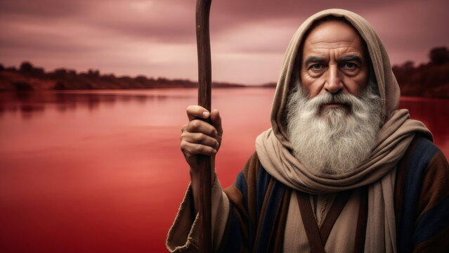 Old man Moses looking at the red river in Egypt. First plague of blood, concept for religious illustration and biblical story.