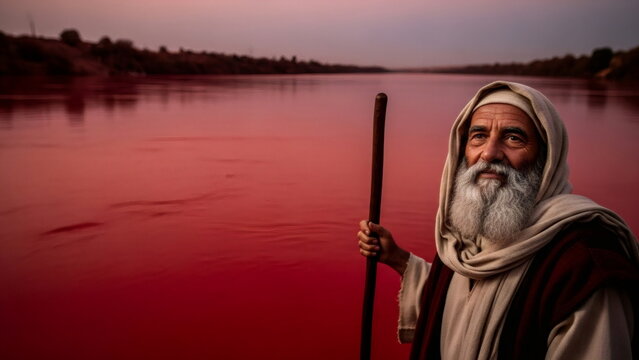 Old man Moses looking at the red river in Egypt. First plague of blood, concept for religious illustration and biblical story.
