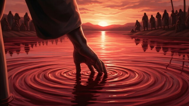 Moses' hand touching the blood-red water is a reference to the biblical Ten Plagues of Egypt, the bloody punishment that was the first plague of the Egyptians sent by God.
