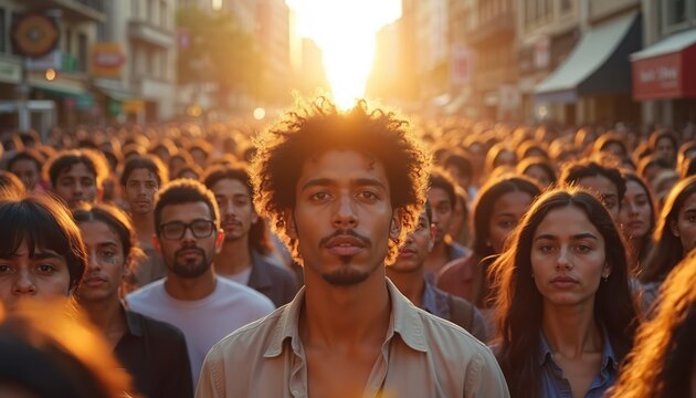 Diverse people stand together on sunny city street. Many ages, ethnicities, genders fill crowded road. Faces look forward, some with sunlight glare.