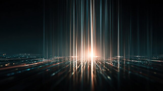 A dark digital landscape with a radiant light source at the center emitting vertical beams, illuminating a blurred ground of interconnected data streams