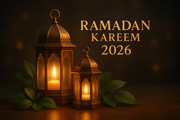 Fototapeta premium A serene Ramadan Kareem 2026 greeting with traditional lanterns and green leaves on a dark background
