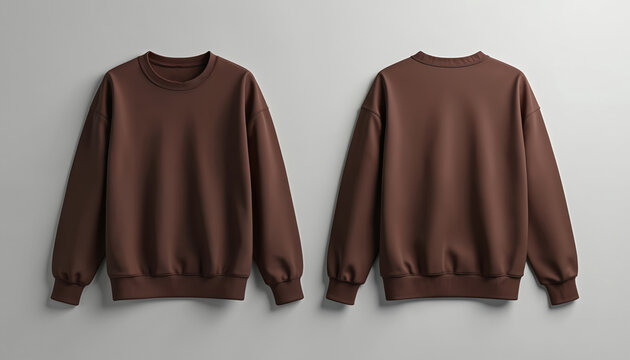 Blank brown crewneck sweater front and back views. Casual apparel mockup. Clothing template for design print. Comfortable fabric pullover for men or women wear.