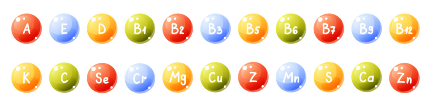 Vector set of vitamin icons depicting a bubble, sphere, and multivitamin complex