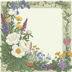 Vintage Floral Border Frame with White Peonies and Wildflowers