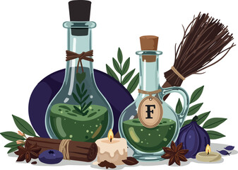 Witchy Potion Bottles With Broom And Spices Flat Design