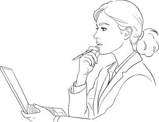 Woman Working On Laptop Pen Thinking Business Professional Vector