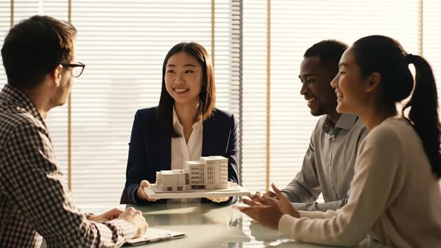 Business meeting with model building.