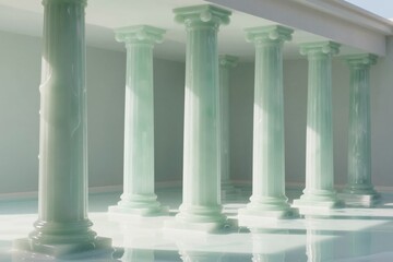 Naklejka premium Ancient columns made of green gelatin in a pool of milk symbolizing the softening of history and playful tradition. Concept of architectural humor, dairy aesthetics, and wobbly structures