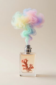 Perfume bottle releasing visible pastel rainbow smoke clouds. Visual representation of fragrance becoming tangible, beauty product meets atmospheric art in soft minimalism.