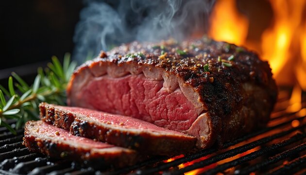 Juicy prime rib beef roasts on outdoor grill. Sliced meat cooks over hot coals, smoke rises from seasoned crust. Herb garnish adds fresh aroma, fire flames in background.