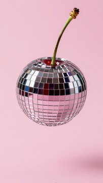 Disco ball cherry reflecting a neon party scene symbolizing the fusion of nightlife fun and natural sweetness