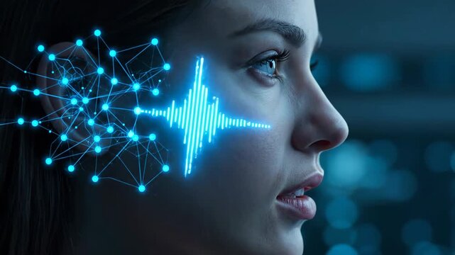 Woman's profile with glowing blue neural network and sound wave visualized from ear.