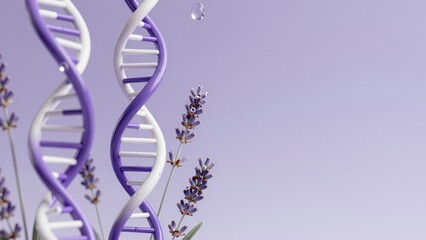 Molecular garden of glass DNA and lavender sprigs with water droplets, providing a smooth lilac gradient on the right seventy percent for sophisticated and ethereal healthcare copy.