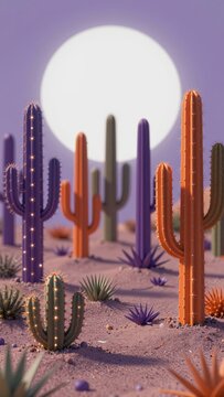 Electric desert garden of neon cacti with glowing needles and crystalline violet sand, composed against a large rising sun that provides a clean and bright white circular space for copy.