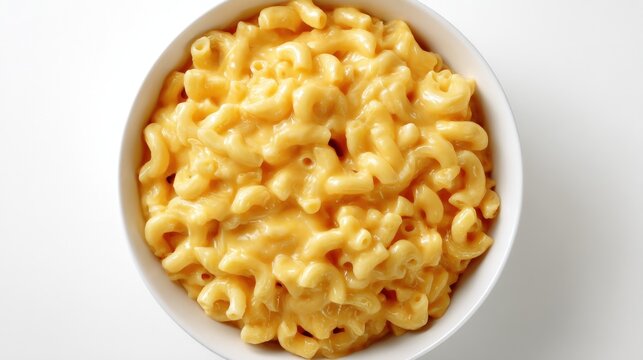 Elbow macaroni coated in creamy cheese sauce, served in a white bowl