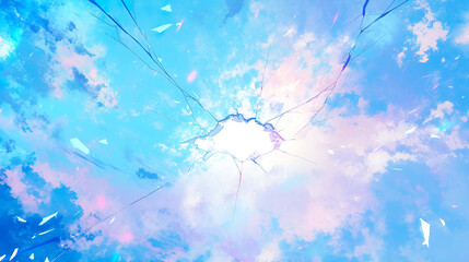 ひびの入った幻想的なブルーとピンク色の空に空いた穴のイラスト背景