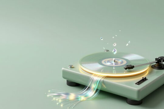 Sage-green porcelain turntable with a pool of liquid mercury and orbiting bioluminescent crystals in a neon-lit studio. Concept of cyberpunk nostalgia and the fluid rhythm of future sound.