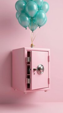 Pink porcelain bank safe releasing thousands of metallic teal balloons on golden threads into a soft minimalist space. Concept of liberated wealth and sophisticated humor.