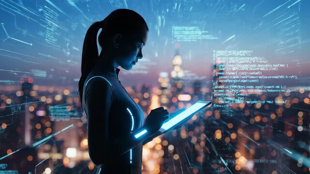 Woman in futuristic cyberpunk outfit using a glowing tablet with city skyline at night.