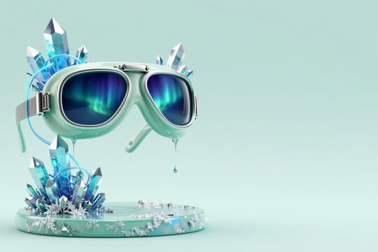 Mint-green porcelain aviator goggles with aurora portal lenses and indigo crystals dripping iridescent silver. Concept of visionary flight and the exploration of luminous cyber-pastel skies.