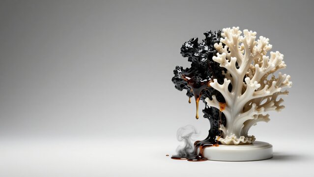 Ivory porcelain coral on a pedestal transitioning through a reality rift into jagged black obsidian and liquid amber resin. Concept of organic duality and the boundary between purity and decay.
