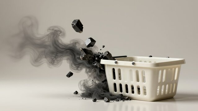 Ivory porcelain shopping basket slicing through a rift to transform into floating onyx shards and velvet smoke. Concept of fragmented consumerism and the weight of dark disintegration.