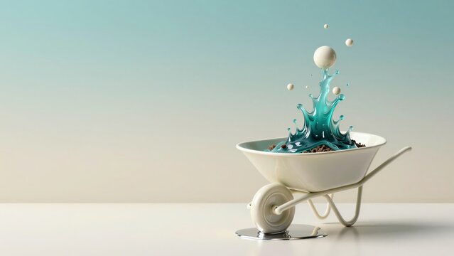 Ivory porcelain wheelbarrow overflowing with a teal liquid portal and floating spheres on a liquid silver floor. Concept of transporting the ethereal and the caustic reflections of a dream.