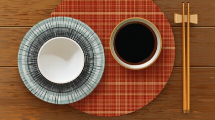 A top-down view of a placemat with a bowl of soy sauce, a plate with a bowl, and chopsticks on a wooden surface