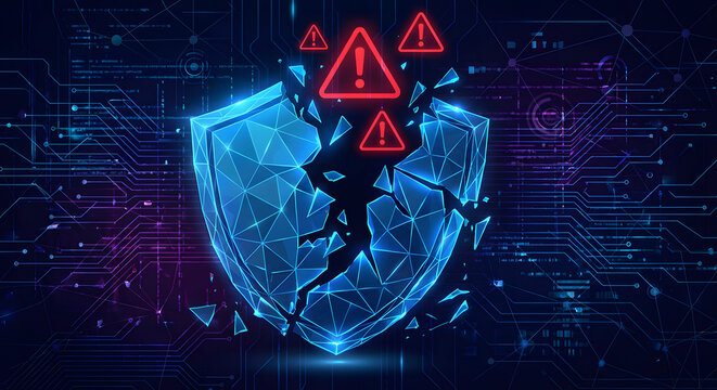 broken digital shield with red warning signs symbolizing cyber security breach data theft vulnerability network hack risk and information protection failure on futuristic circuit background