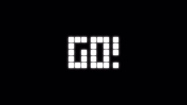 3 2 1 go countdown animation with digital dot style on transparent background, 321 go counter time limit animated on black background.