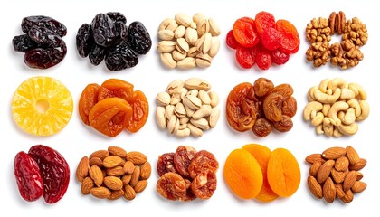 Obraz premium Overhead shot of various dried fruits and nuts arranged on white background