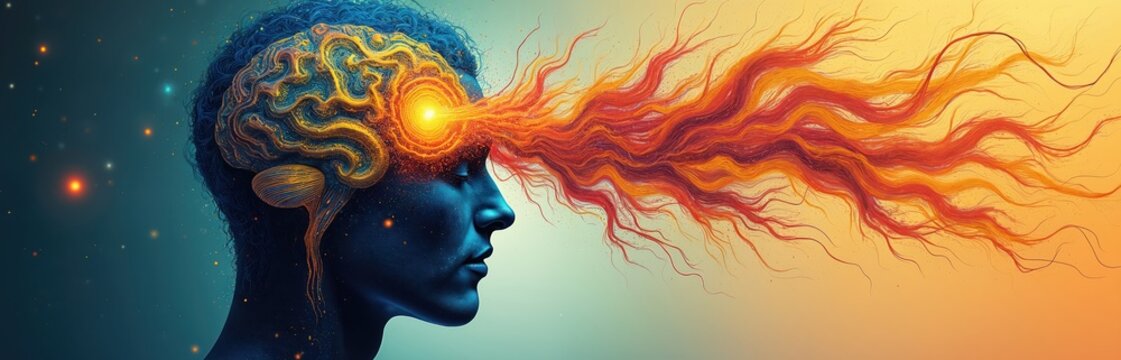 Close-up profile human head with intricate glowing brain patterns. Energetic orange mind waves flow outward from forehead. Abstract concept of thought transmission and imagination.