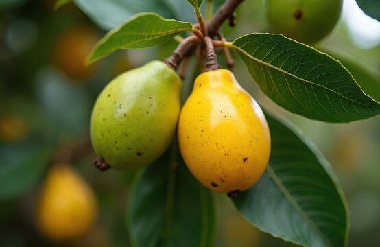 Yellow abiu fruit hangs on tree branch with green leaves. Closeup of ripe tropical Pouteria caimito growing in nature. Sweet exotic food source, fresh plant produce.