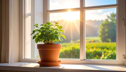 A sunlit scene inside, with a potted plant sitting on a windowsill, and an outside view of a field
