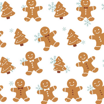 Christmas Gingerbread Man and Tree Pattern With Snowflakes Isolated Object Flat Design