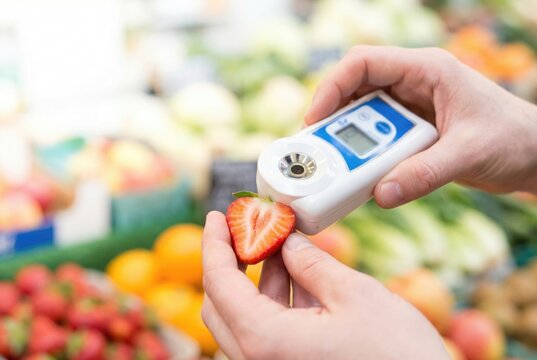A food inspector uses a digital refractometer to measure the sugar content and quality of a fresh strawberry.