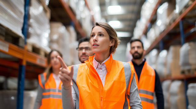 Confident female warehouse team leader wearing orange safety vest pointing while giving instructions to logistics staff in storage aisle. 