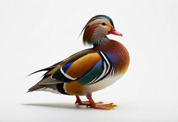 Mandarin duck male, extremely colorful plumage, profile view, on white