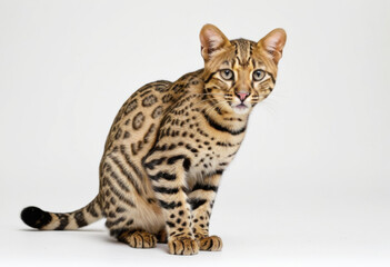Leopard cat, small wild feline, spotted coat, alert look, on white